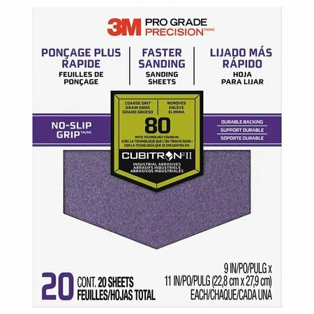 3M 9" x 11" Pro Grade Precision No-Slip Grip Sanding Sheet 80-Grit, PK 20 27080 Tri-20